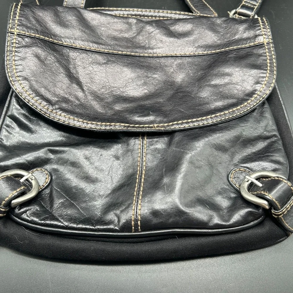 Fossil Vintage‎ Black Leather Canvas Crossbody Bag Messenger Tote